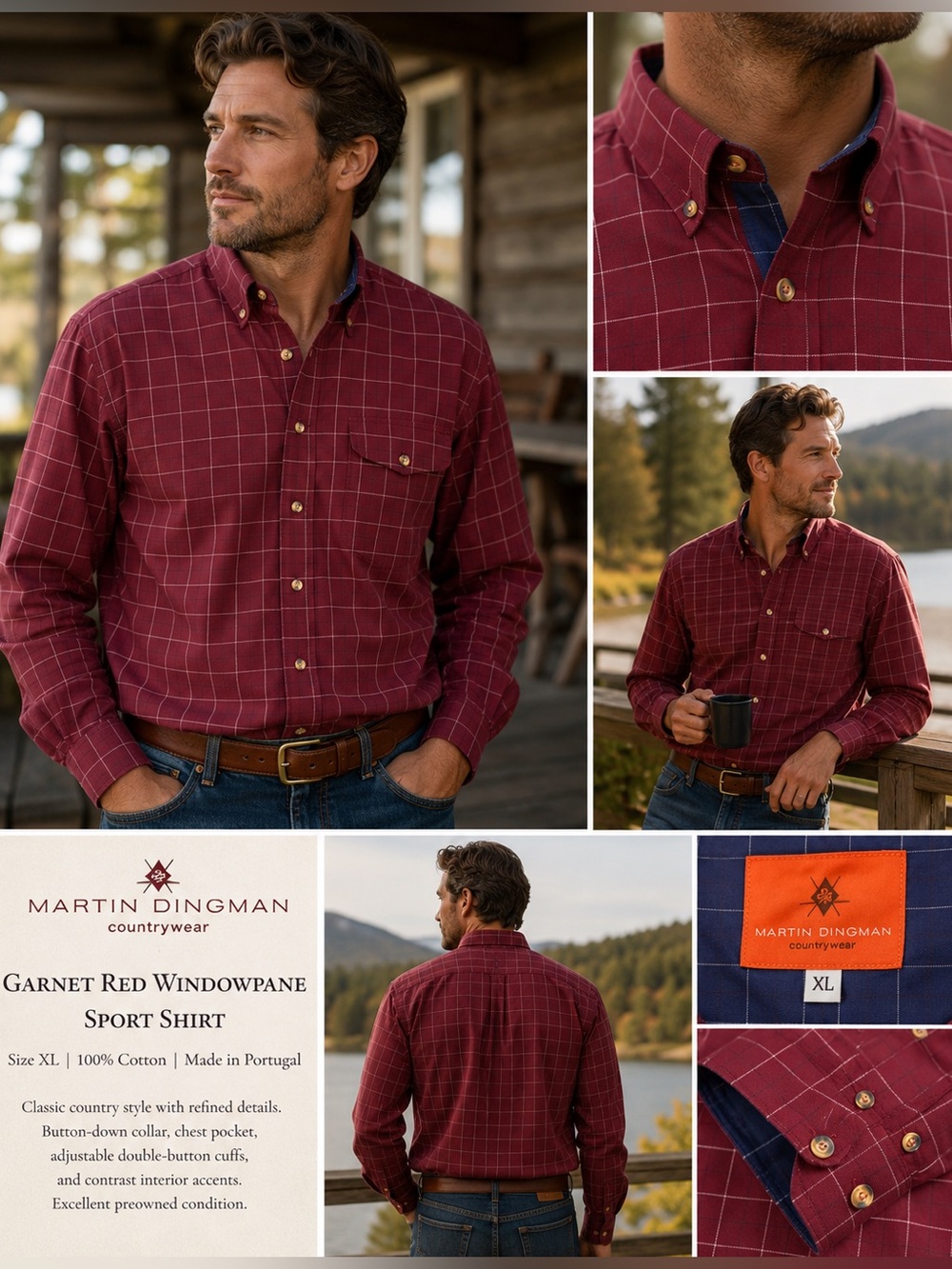 Martin Dingman Countrywear Garnet Red Windowpane Sport Shirt Size XL Portugal